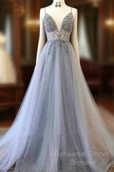 A Line Tulle Spaghetti Straps V Neck Appliques Long Semi Formal Prom Dress Beautiful